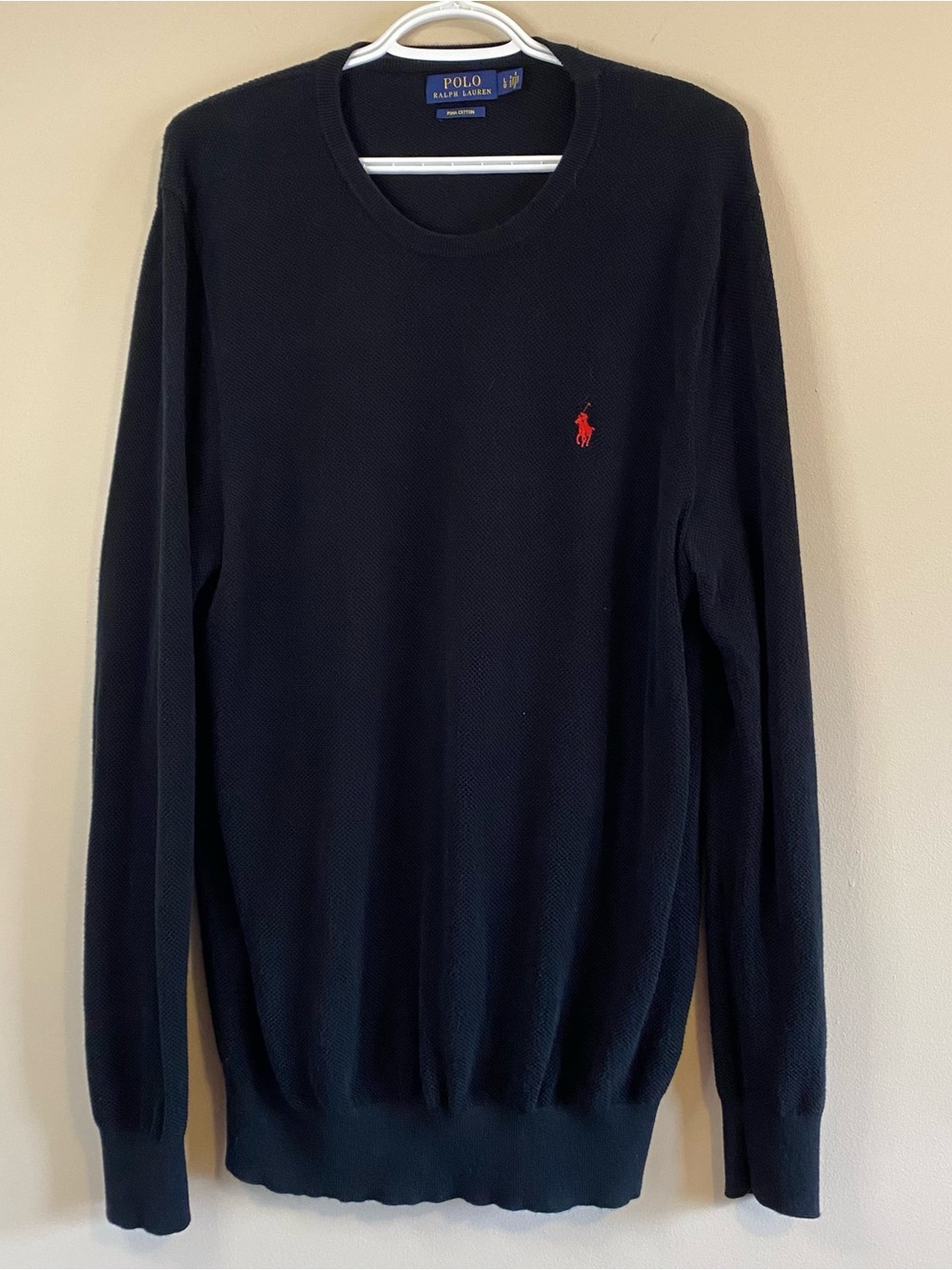 Polo Ralph Lauren Pima Cotton Black Crewneck Sweater Mens Size Large Red Pony